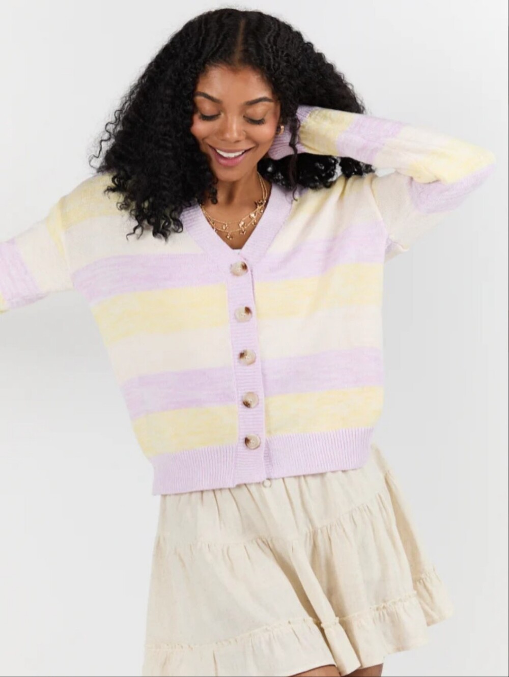 Pink Lily Simple Request Purple And Yellow Striped Cardigan